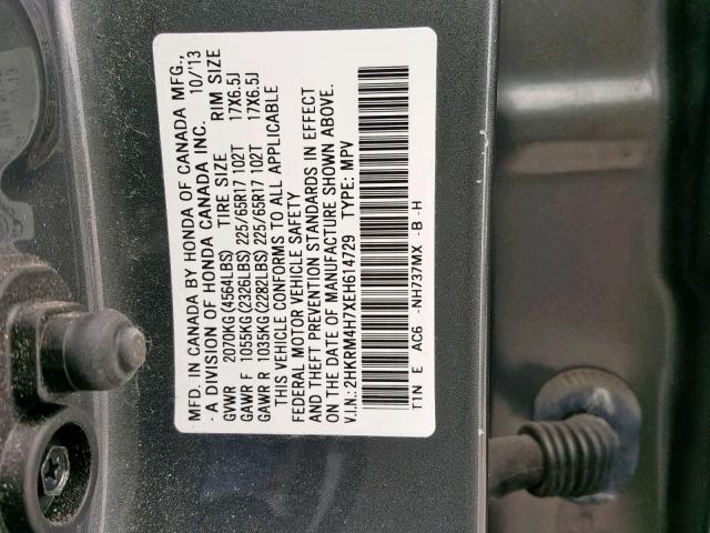 2HKRM4H7XEH614729 - 2014 HONDA CR-V EXL CHARCOAL photo 10