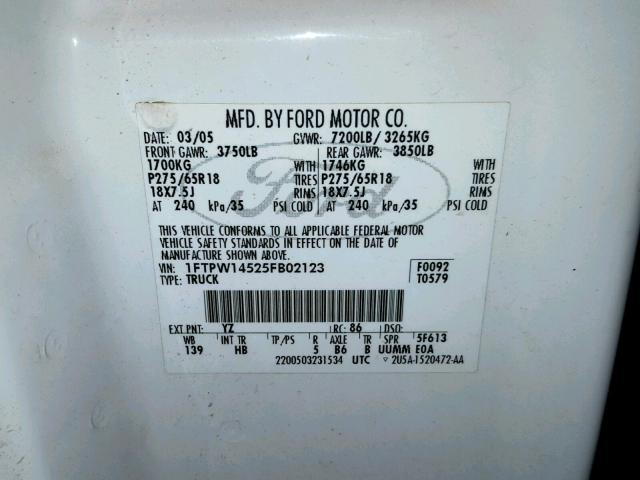 1FTPW14525FB02123 - 2005 FORD F150 SUPER WHITE photo 10