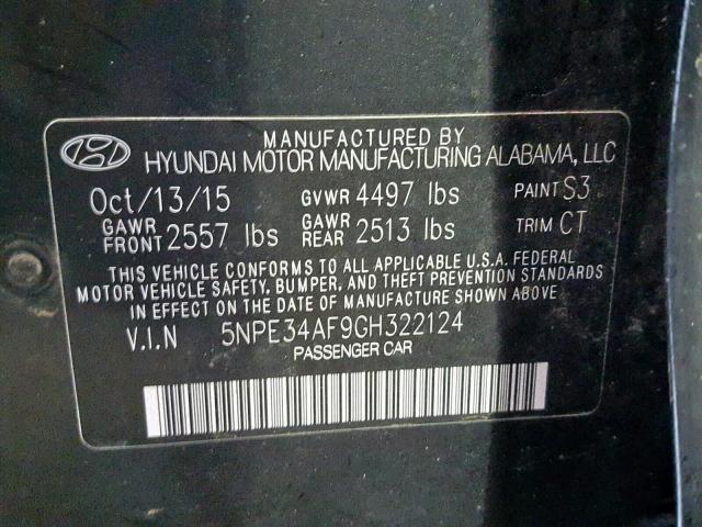 5NPE34AF9GH322124 - 2016 HYUNDAI SONATA SPO BLACK photo 10