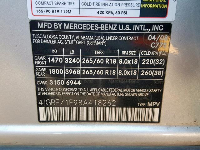 4JGBF71E98A418262 - 2008 MERCEDES-BENZ GL 450 4MA SILVER photo 10