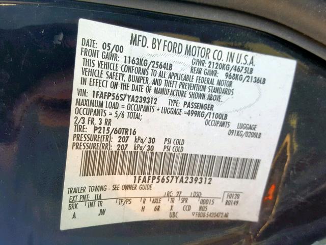 1FAFP56S7YA239312 - 2000 FORD TAURUS SEL BLACK photo 10