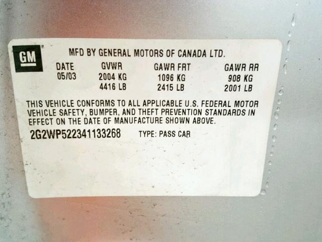 2G2WP522341133268 - 2004 PONTIAC GRAND PRIX SILVER photo 10
