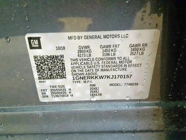 1GNERKKW7KJ170157 - 2019 CHEVROLET TRAVERSE P GRAY photo 10