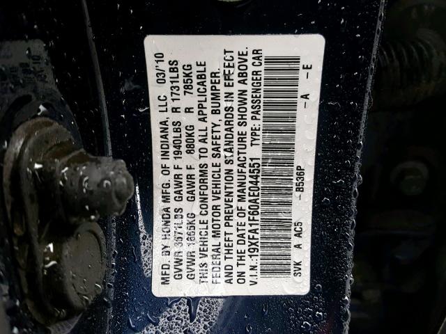 19XFA1F60AE044551 - 2010 HONDA CIVIC LX-S أزرق صورة 10