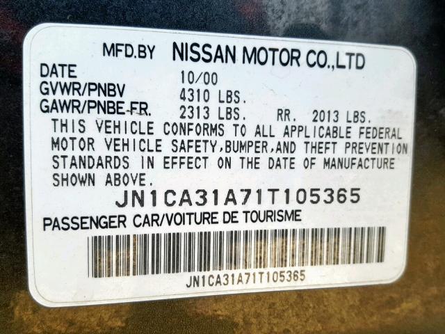 JN1CA31A71T105365 - 2001 NISSAN MAXIMA GXE CHARCOAL photo 10