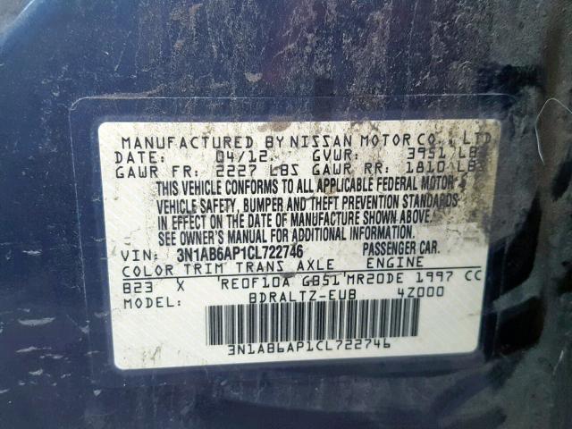 3N1AB6AP1CL722746 - 2012 NISSAN SENTRA 2.0 BLUE photo 10