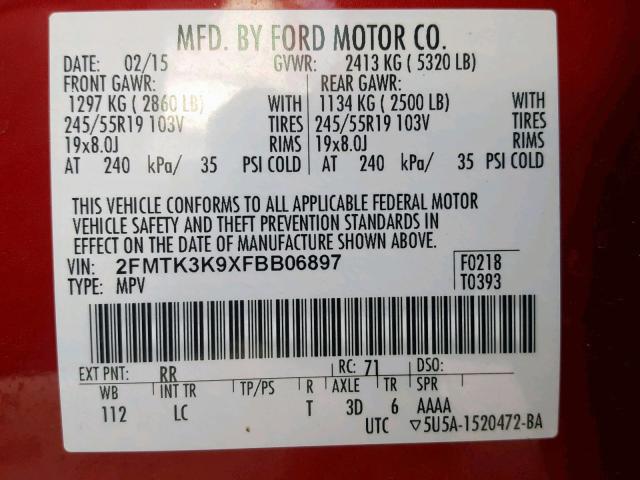 2FMTK3K9XFBB06897 - 2015 FORD EDGE TITAN MAROON photo 10