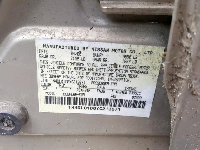 1N4DL01D0YC213671 - 2000 NISSAN ALTIMA XE TAN photo 10