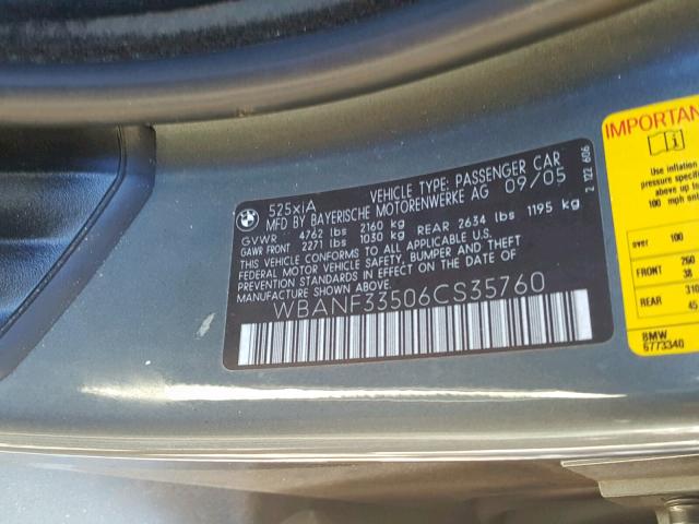 WBANF33506CS35760 - 2006 BMW 525 XI GRAY photo 10