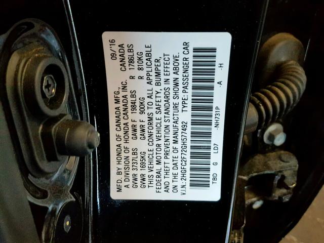 2HGFC2F72GH577492 - 2016 HONDA CIVIC EX BLACK photo 10