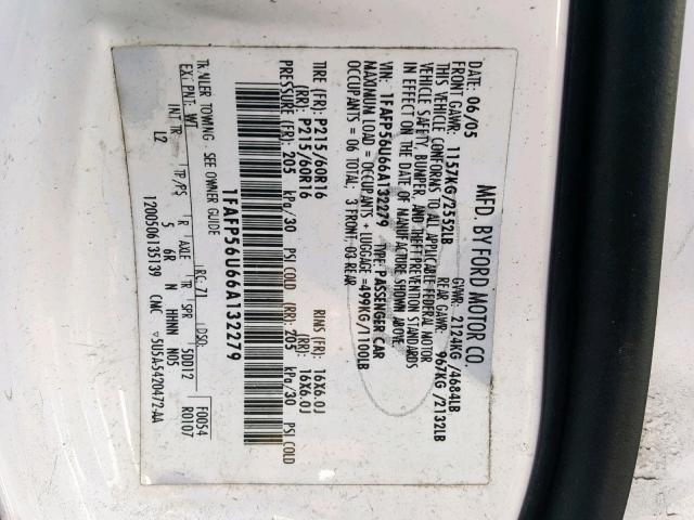 1FAFP56U66A132279 - 2006 FORD TAURUS SEL WHITE photo 10