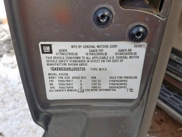 1GKEK63U95J260730 - 2005 GMC YUKON DENA CHARCOAL photo 10