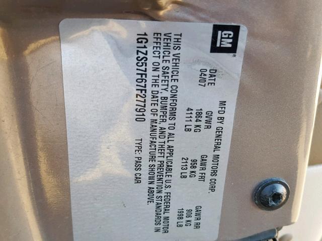 1G1ZS57F67F277910 - 2007 CHEVROLET MALIBU LS Qəhvəyi foto 10