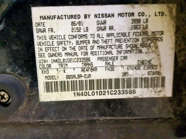 1N4DL01D21C233586 - 2001 NISSAN ALTIMA XE BLACK photo 10