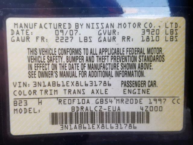 3N1AB61EX8L631786 - 2008 NISSAN SENTRA 2.0 BLUE photo 10