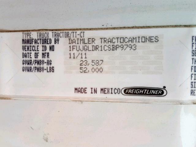 1FUJGLDR1CSBP9793 - 2012 FREIGHTLINER CASCADIA 1 WHITE photo 10