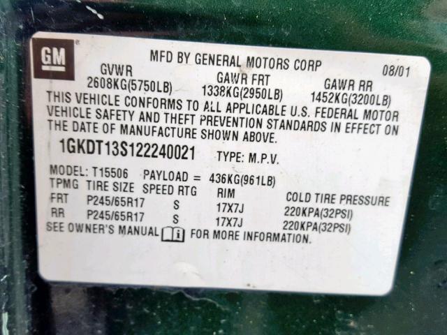 1GKDT13S122240021 - 2002 GMC ENVOY GREEN photo 10