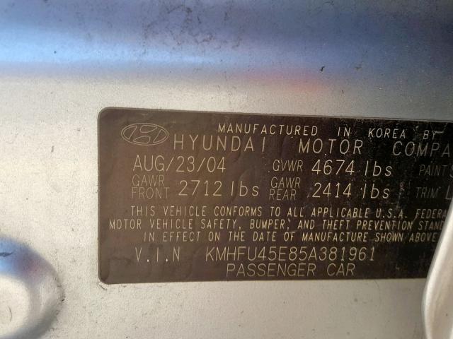 KMHFU45E85A381961 - 2005 HYUNDAI XG 350 SILVER photo 10