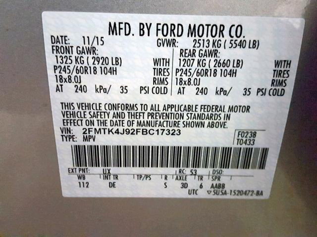 2FMTK4J92FBC17323 - 2015 FORD EDGE SEL SILVER photo 10