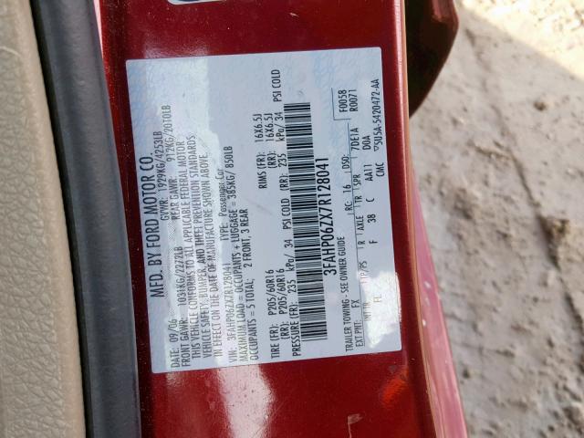 3FAHP06ZX7R128041 - 2007 FORD FUSION S MAROON photo 10