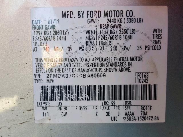 2FMDK3JC1CBA80509 - 2012 FORD EDGE SEL SILVER photo 10