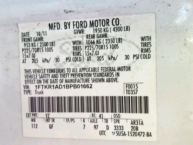 1FTKR1AD1BPB01662 - 2011 FORD RANGER WHITE photo 10