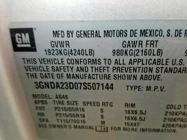 3GNDA23D07S507144 - 2007 CHEVROLET HHR LT SILVER photo 10