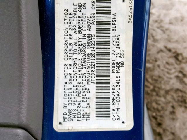 JTDDR32T120142375 - 2002 TOYOTA CELICA GT BLUE photo 10