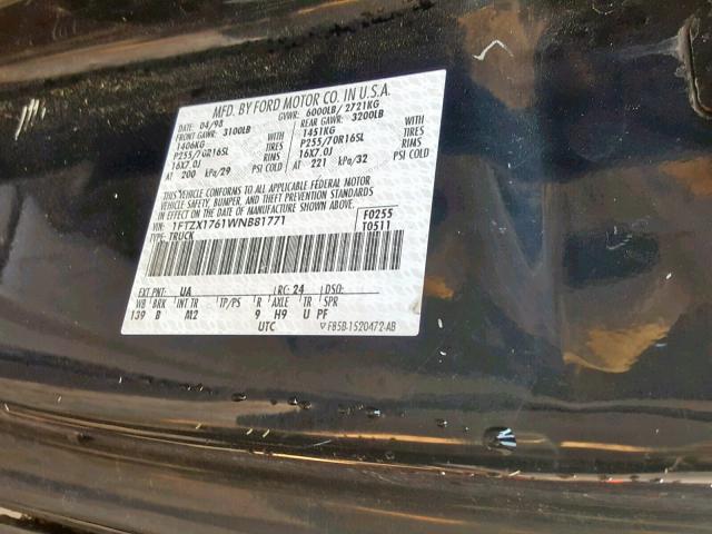 1FTZX1761WNB81771 - 1998 FORD F150 BLACK photo 10