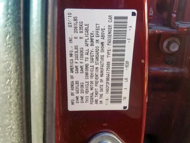 1HGCP2F88AA175689 - 2010 HONDA ACCORD EXL MAROON photo 10