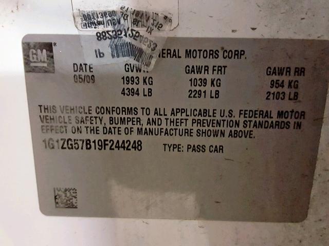 1G1ZG57B19F244248 - 2009 CHEVROLET MALIBU LS WHITE photo 10
