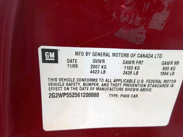 2G2WP552561208888 - 2006 PONTIAC GRAND PRIX MAROON photo 10
