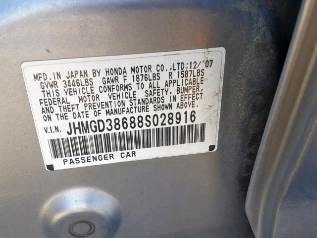 JHMGD38688S028916 - 2008 HONDA FIT SPORT SILVER photo 10