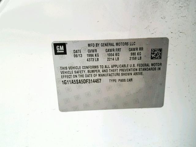 1G11A5SA5DF314467 - 2013 CHEVROLET MALIBU LS WHITE photo 10