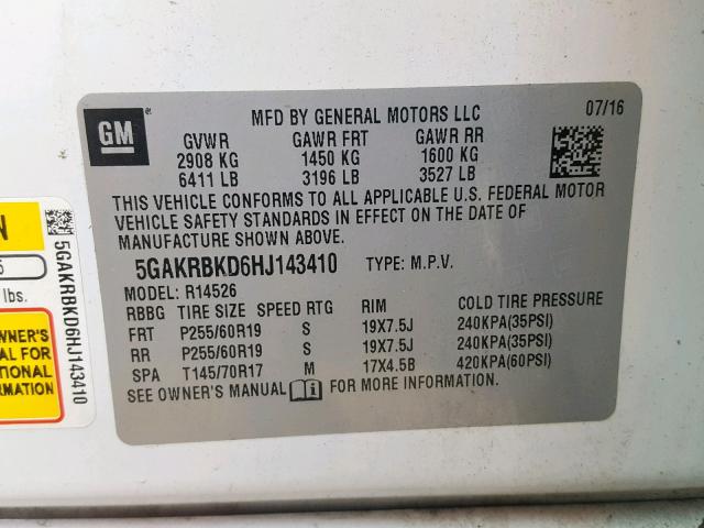 5GAKRBKD6HJ143410 - 2017 BUICK ENCLAVE WHITE photo 10