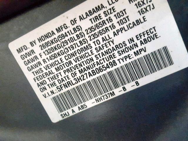 5FNRL3H27AB065498 - 2010 HONDA ODYSSEY LX GRAY photo 10