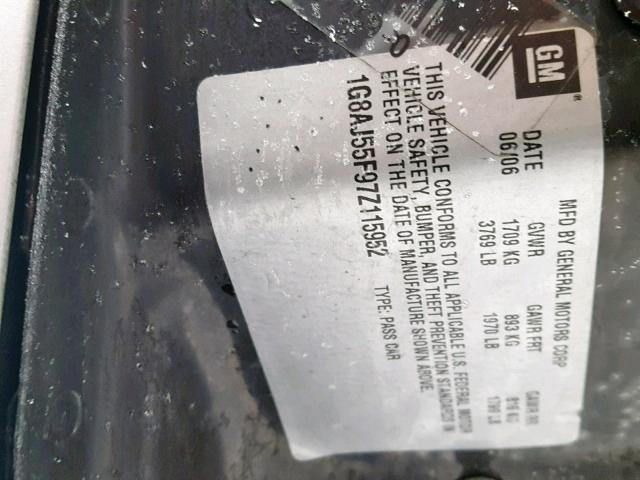 1G8AJ55F97Z115952 - 2007 SATURN ION LEVEL SILVER photo 10