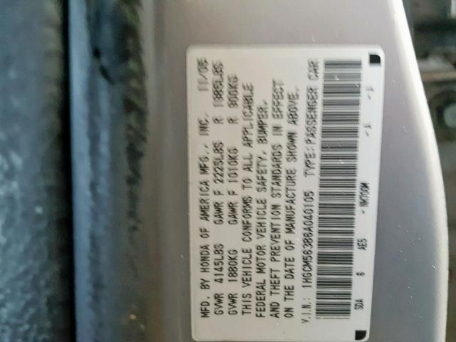 1HGCM56386A040105 - 2006 HONDA ACCORD SE SILVER photo 10