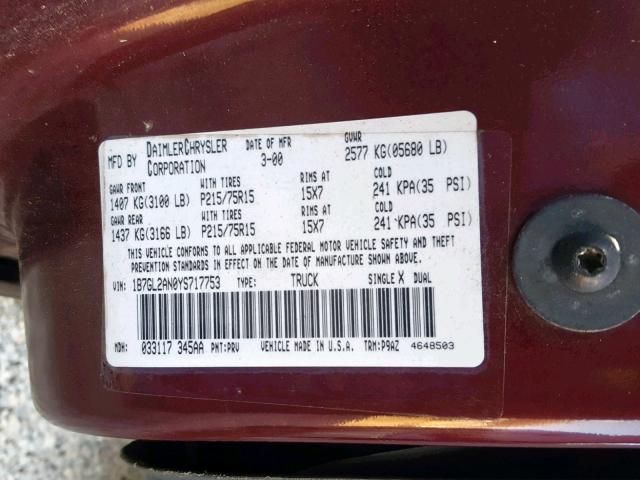 1B7GL2AN0YS717753 - 2000 DODGE DAKOTA QUA MAROON photo 10