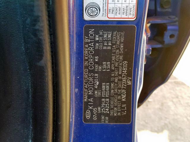 KNDJF723X67148109 - 2006 KIA NEW SPORTA BLUE photo 10