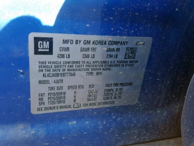 KL4CJASB1EB777646 - 2014 BUICK ENCORE BLUE photo 10