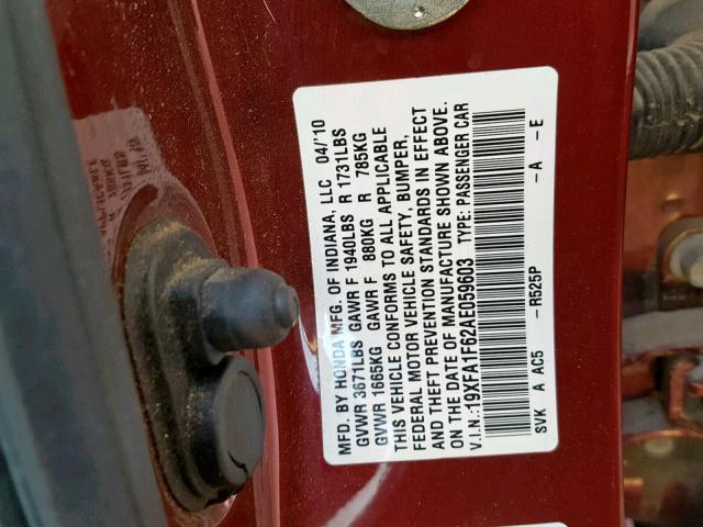 19XFA1F62AE059603 - 2010 HONDA CIVIC MAROON photo 10