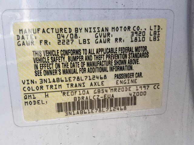 3N1AB61E78L712468 - 2008 NISSAN SENTRA 2.0 WHITE photo 10