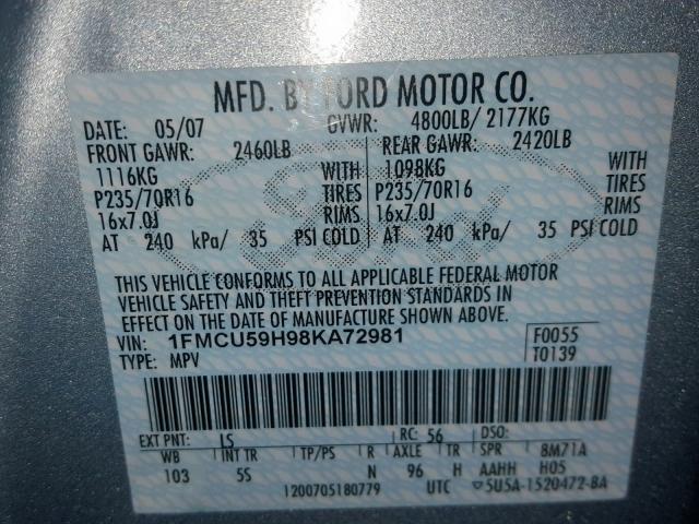 1FMCU59H98KA72981 - 2008 FORD ESCAPE HEV BLUE photo 10