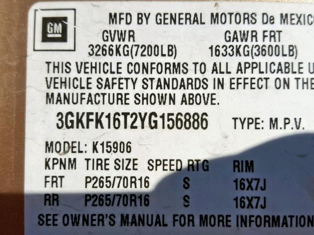 3GKFK16T2YG156886 - 2000 GMC YUKON XL K GOLD photo 10