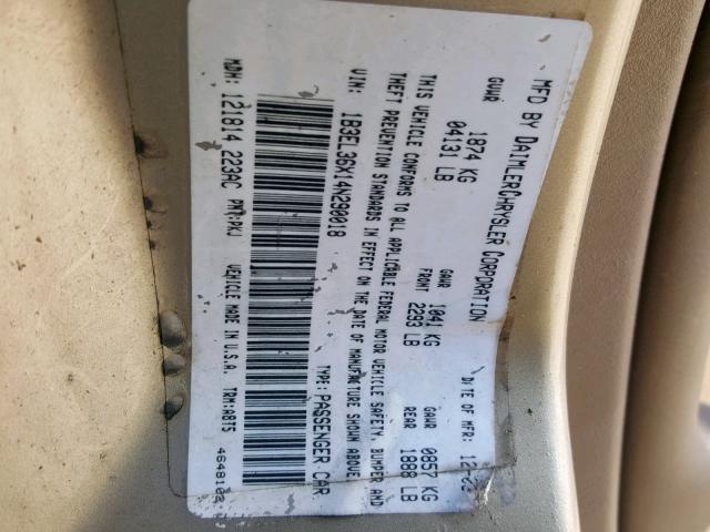 1B3EL36X14N290018 - 2004 DODGE STRATUS SE GOLD photo 10