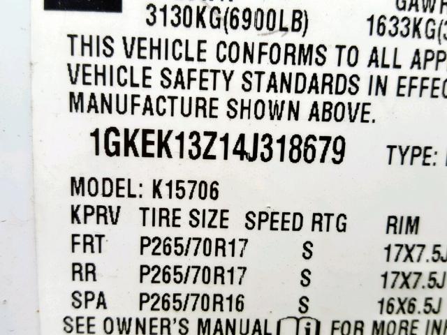 1GKEK13Z14J318679 - 2004 GMC YUKON WHITE photo 10