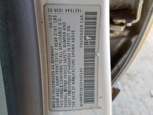 WVWPD63B02P445240 - 2002 VOLKSWAGEN PASSAT GLS SILVER photo 10