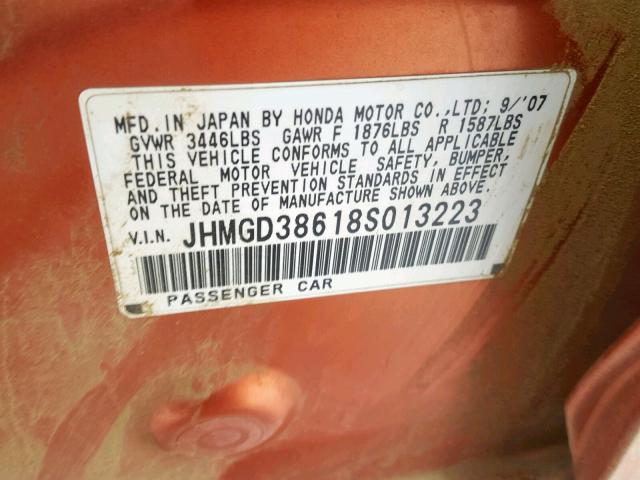 JHMGD38618S013223 - 2008 HONDA FIT SPORT ORANGE photo 10