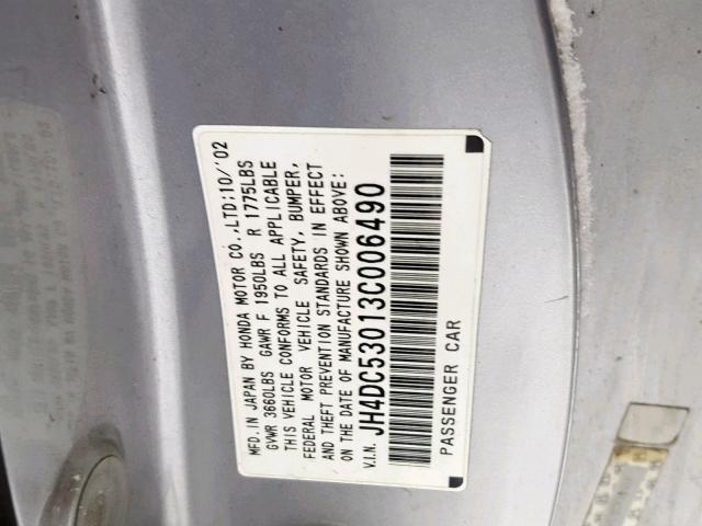 JH4DC53013C006490 - 2003 ACURA RSX TYPE-S SILVER photo 10